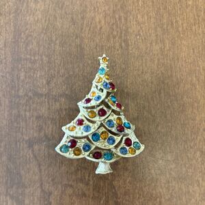Christmas Tree Rhinestone Vintage Gold Tone Brooch Pin Costume Jewelry